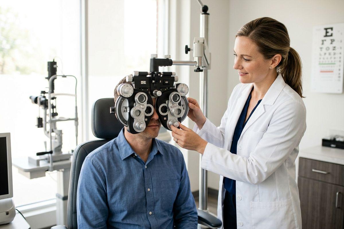 Optometrist adjusts a phoropter during an eye exam as a seated patient looks through it, with an eye chart on the wall.