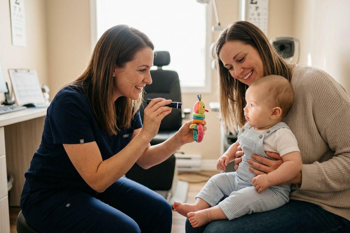 Optometrist holding a light and toy to examine a baby's eyes as an adult holds the baby in an eye exam room.