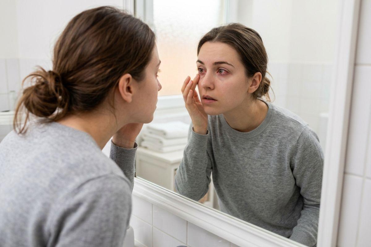 Person examining their reddened eye in a bathroom mirror, touching below it with their fingers.