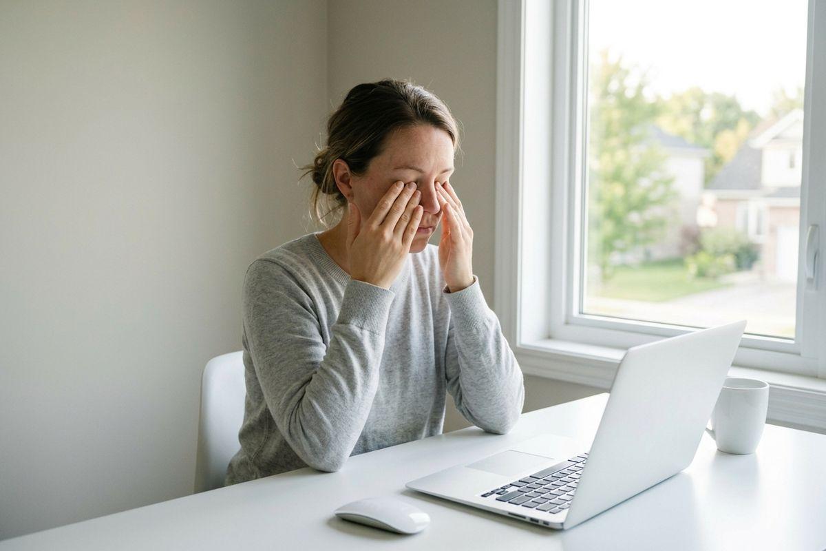 Person rubbing both eyes while sitting at a desk with a laptop and mug near a window.