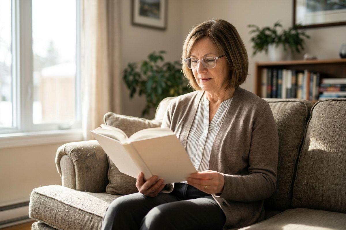 An older adult wearing glasses sits on a couch in a living room, focused on reading a book.