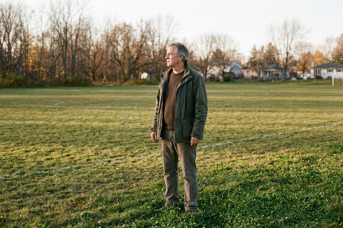 Older adult in a green jacket and corduroy trousers stands on a grass sports field with painted lines, looking to the side; bare trees and houses behind.