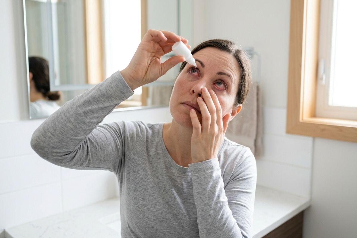 Adult applying eye drops to a red eye in a bathroom, holding the small bottle above one eye while pulling down the lower lid.