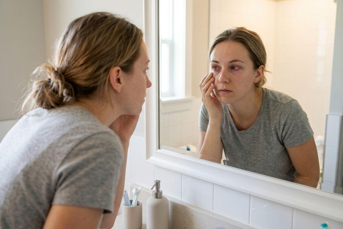 Adult examining a red, irritated eye in a bathroom mirror, touching the area beneath the eye with one hand, looking concerned.